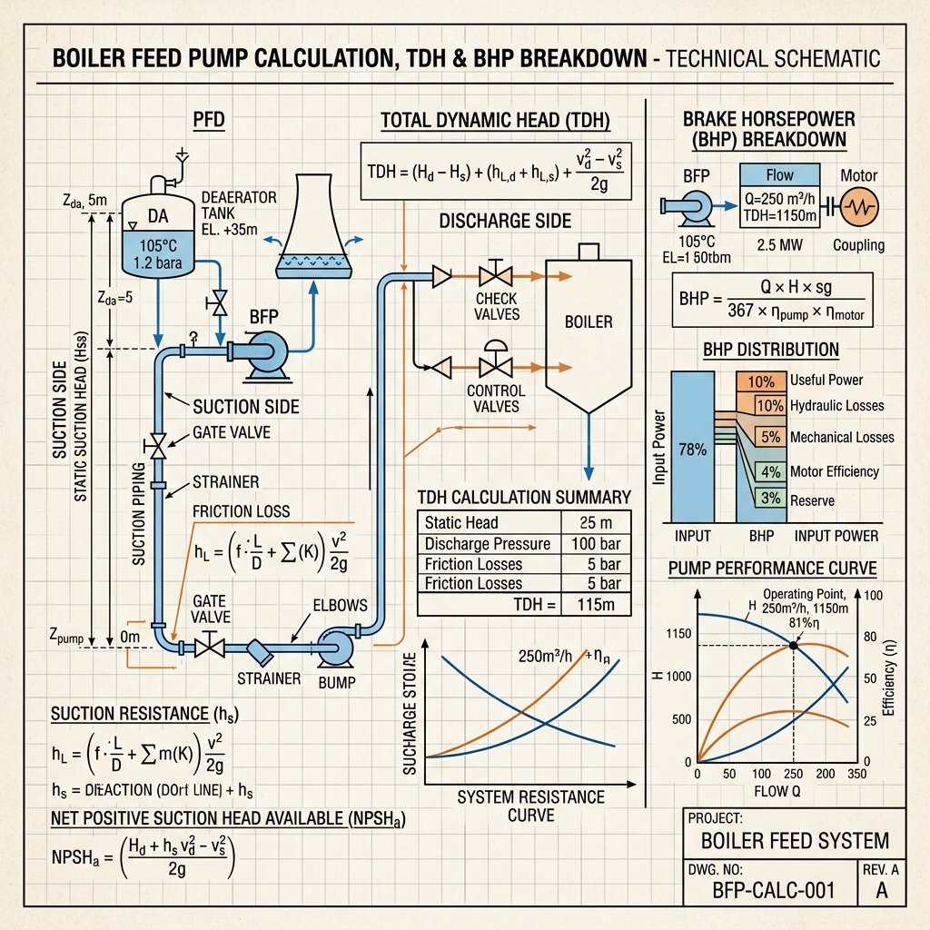 Boiler Feed Pump Calculation Diagram and Hydraulic Sizing Parameters